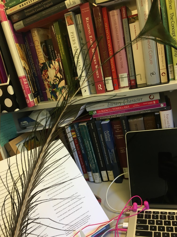 Peacock tail feather resting in front of desk